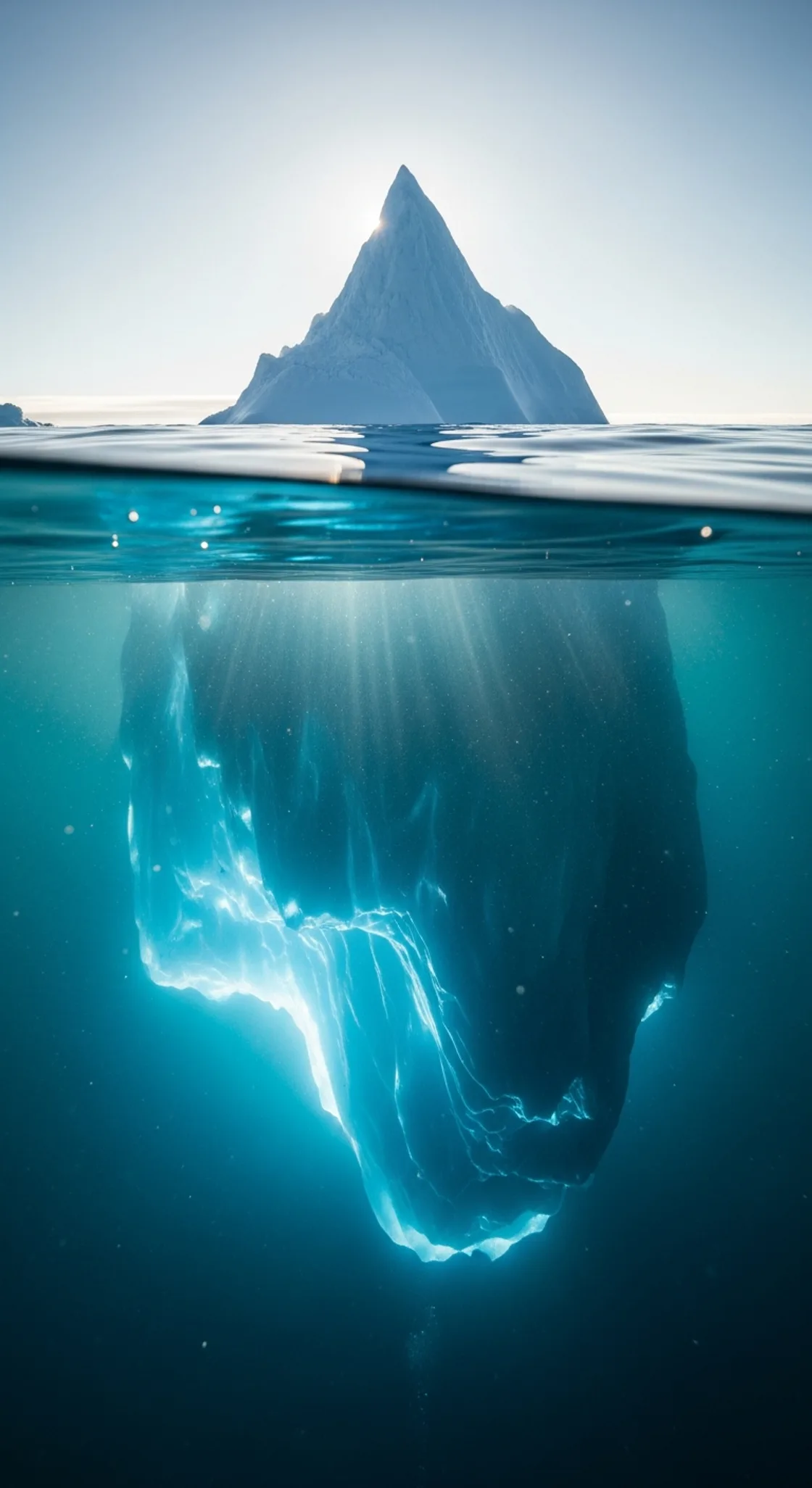 A photorealistic iceberg: a small sunlit tip above the waterline and a vast glowing mass below