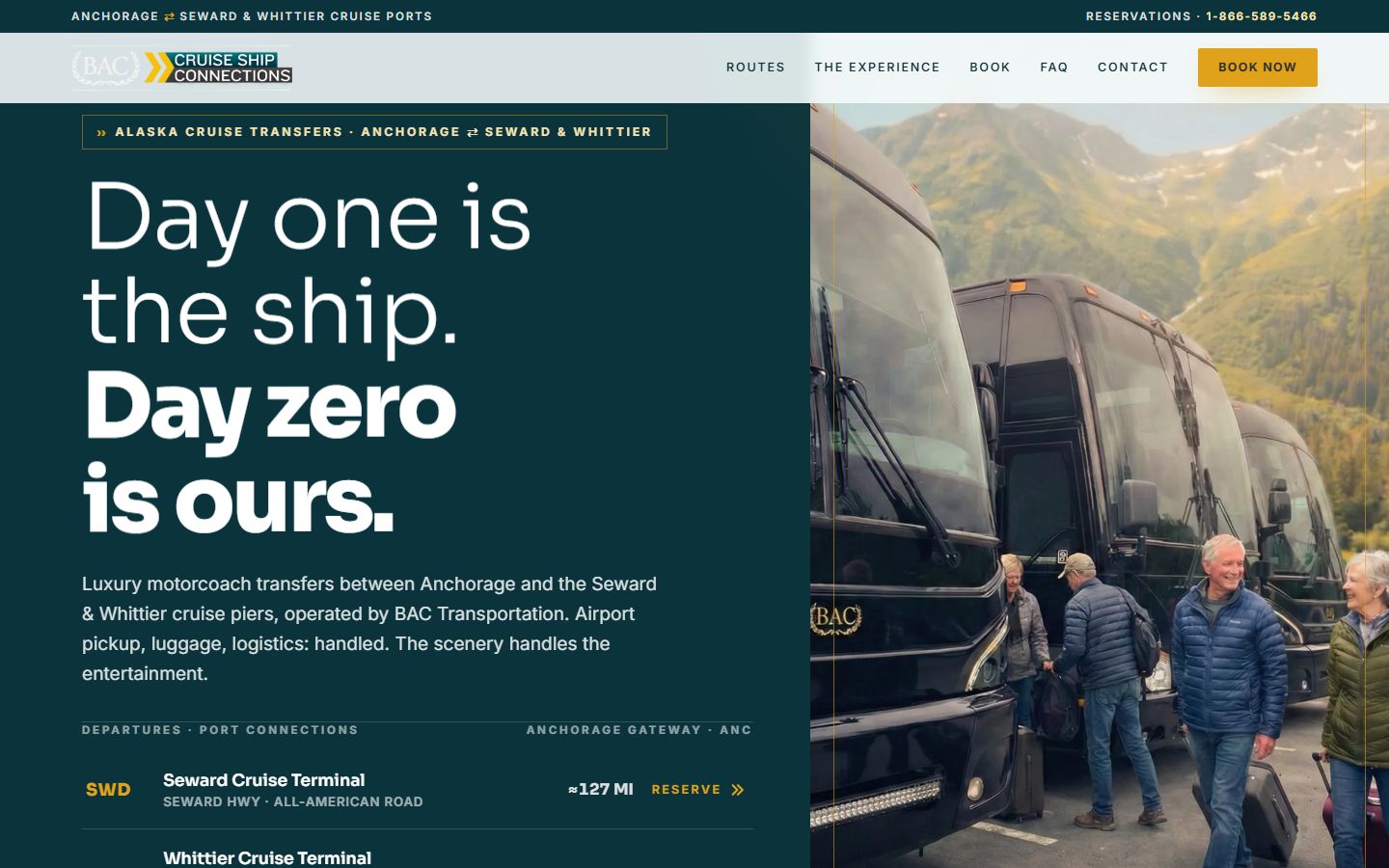 Cruise Ship Connections homepage: "Day one is the ship. Day zero is ours." with luxury motorcoach fleet photo
