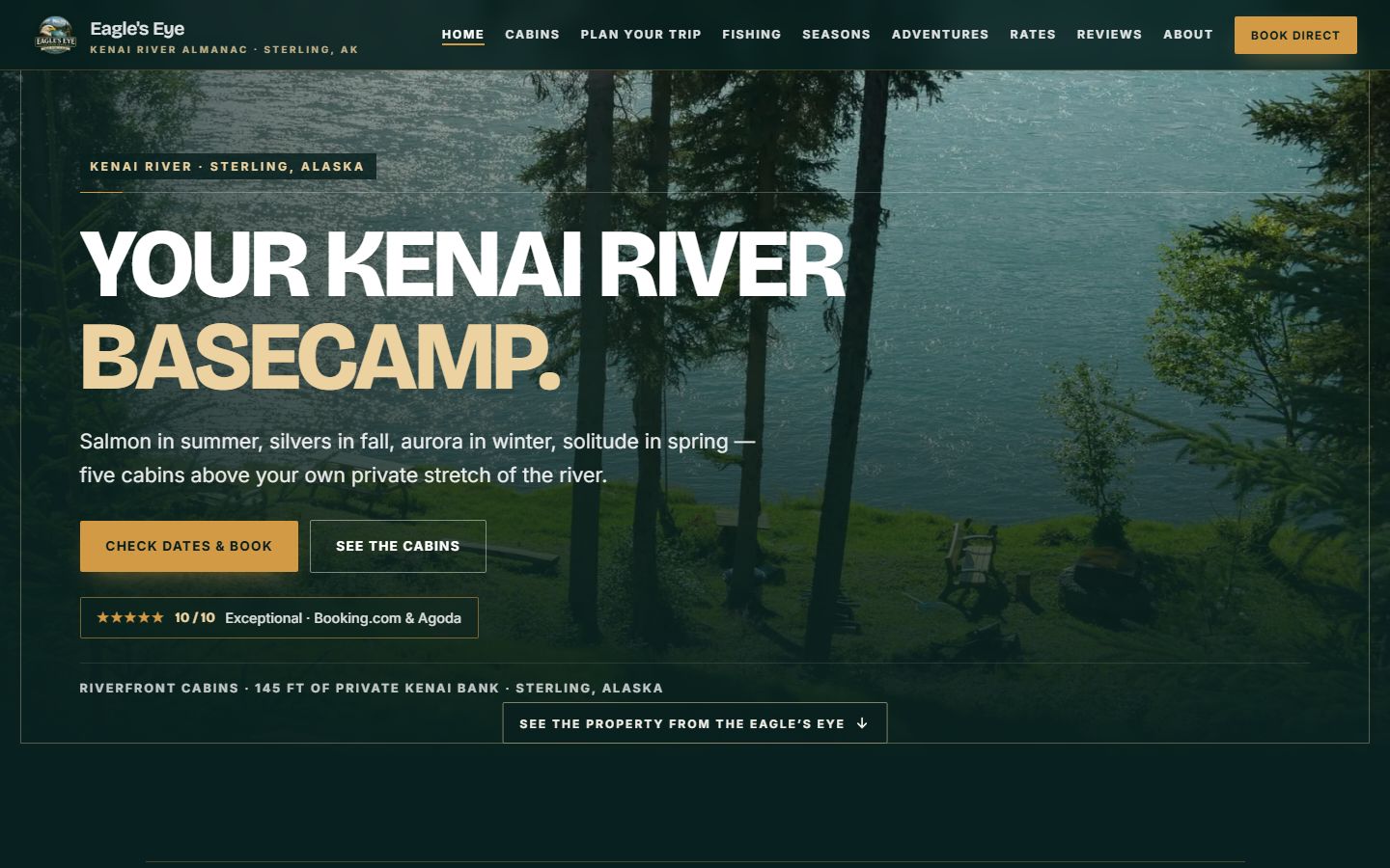 Eagle's Eye homepage: dark riverfront design, 'Your Kenai River basecamp' headline with 10/10 booking rating