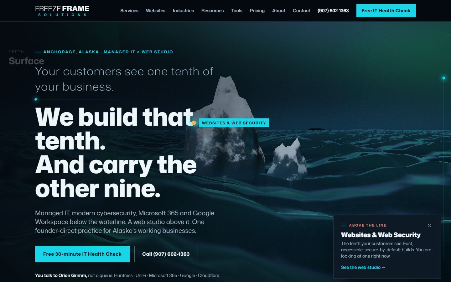 This website's homepage: the WebGL iceberg hero at the moonlit surface