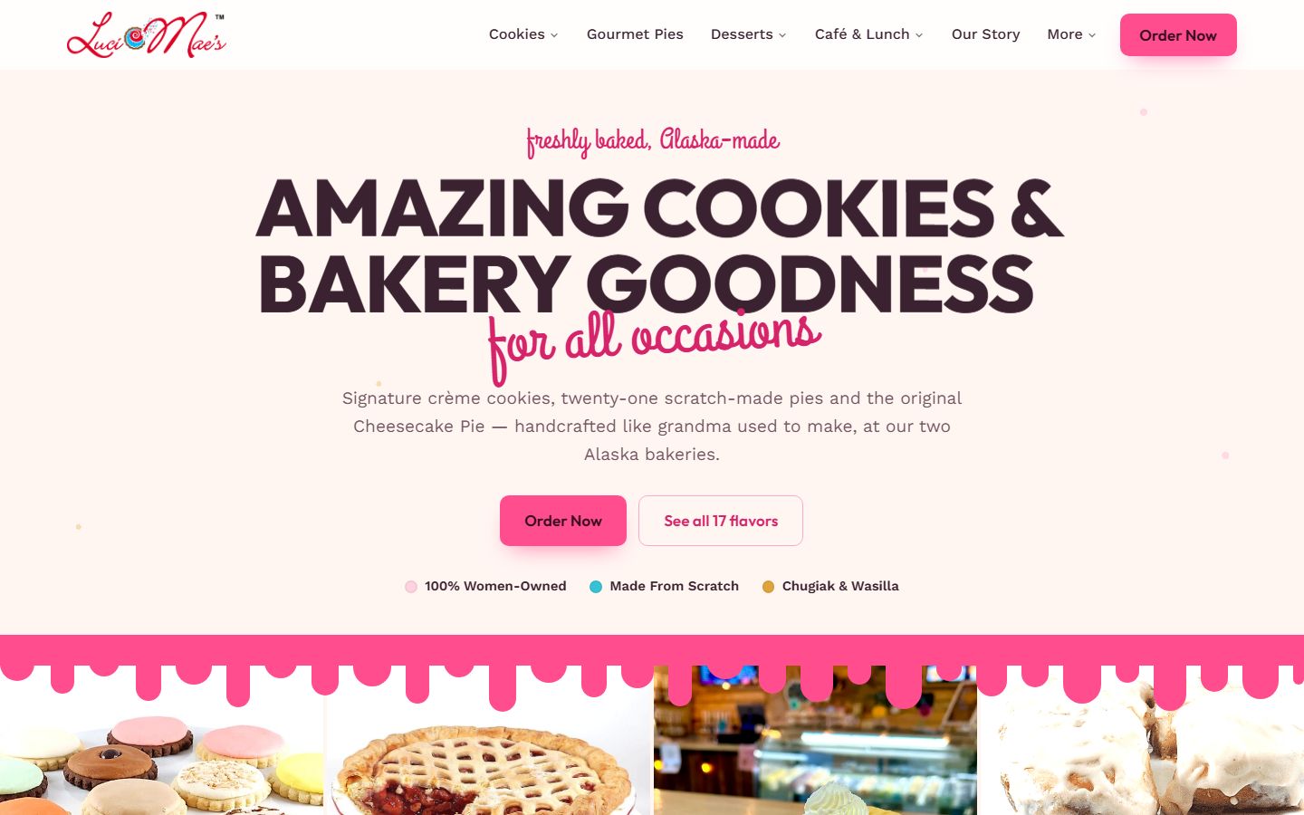 Luci Mae's Bakery homepage: pink bakery brand, cookie and pie photography, signature flavor wall