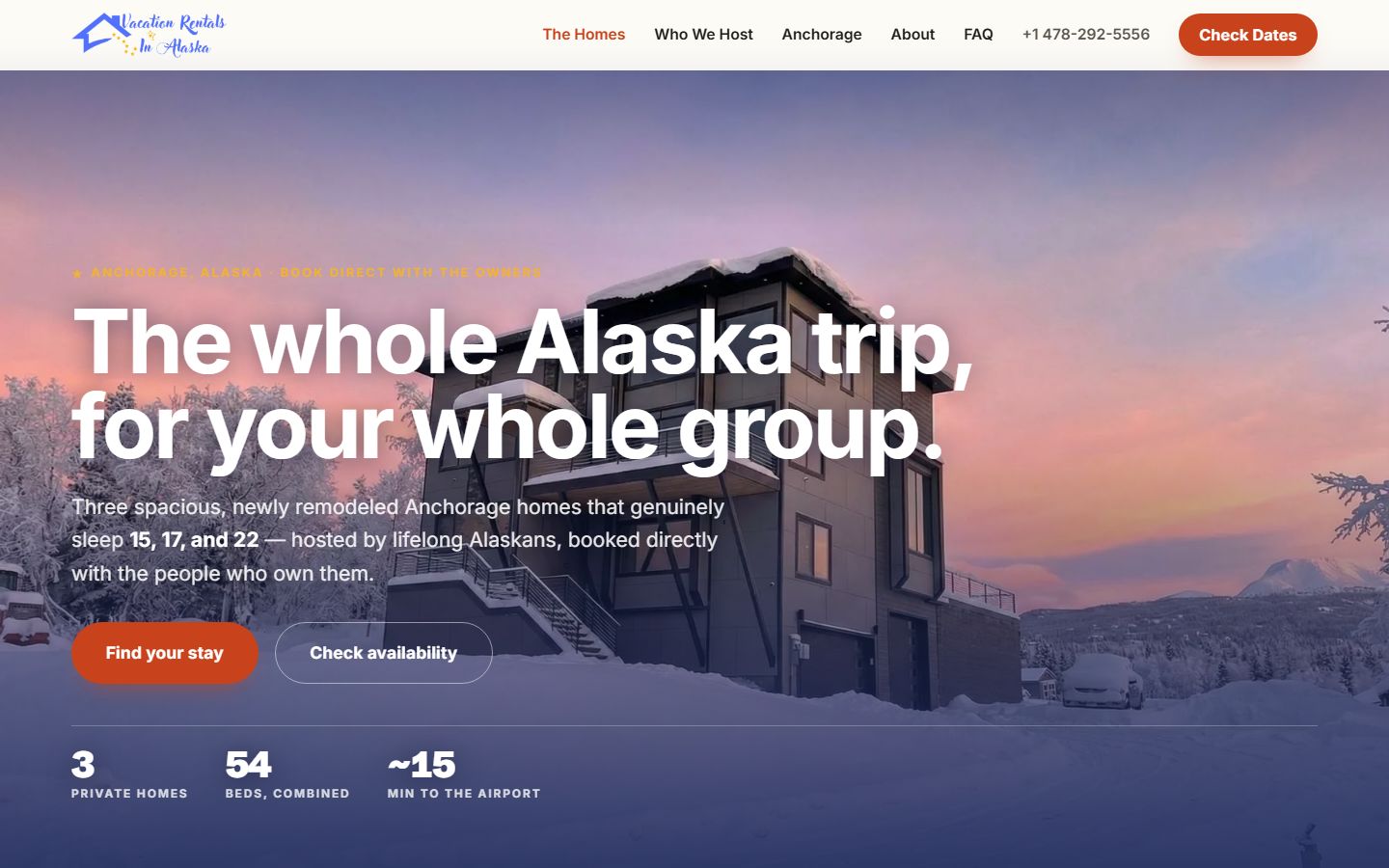 Vacation Rentals in Alaska homepage: winter dusk photo of a large Anchorage home, "The whole Alaska trip, for your whole group"